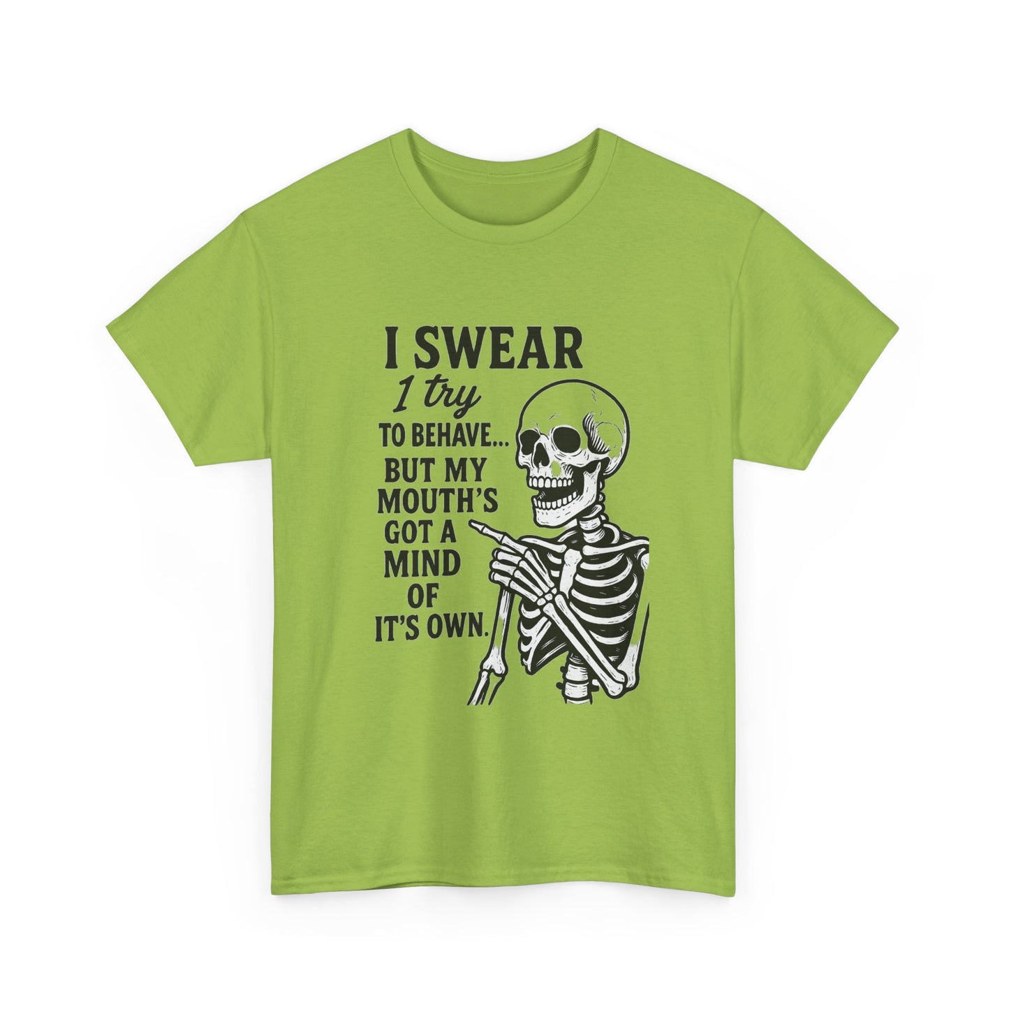 Funny Skeleton Tee, I Swear I Try to Behave T-Shirt, Halloween Shirt, Graphic Tee for Adults, Casual Wear, Gift Idea