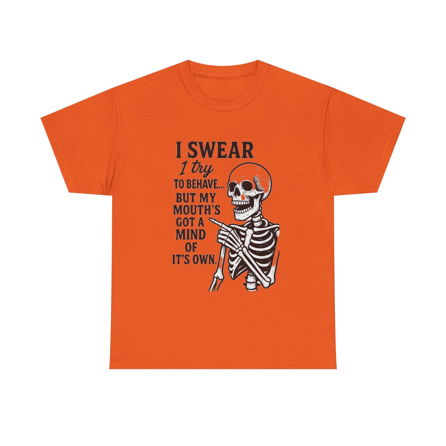 Funny Skeleton Tee, I Swear I Try to Behave T-Shirt, Halloween Shirt, Graphic Tee for Adults, Casual Wear, Gift Idea