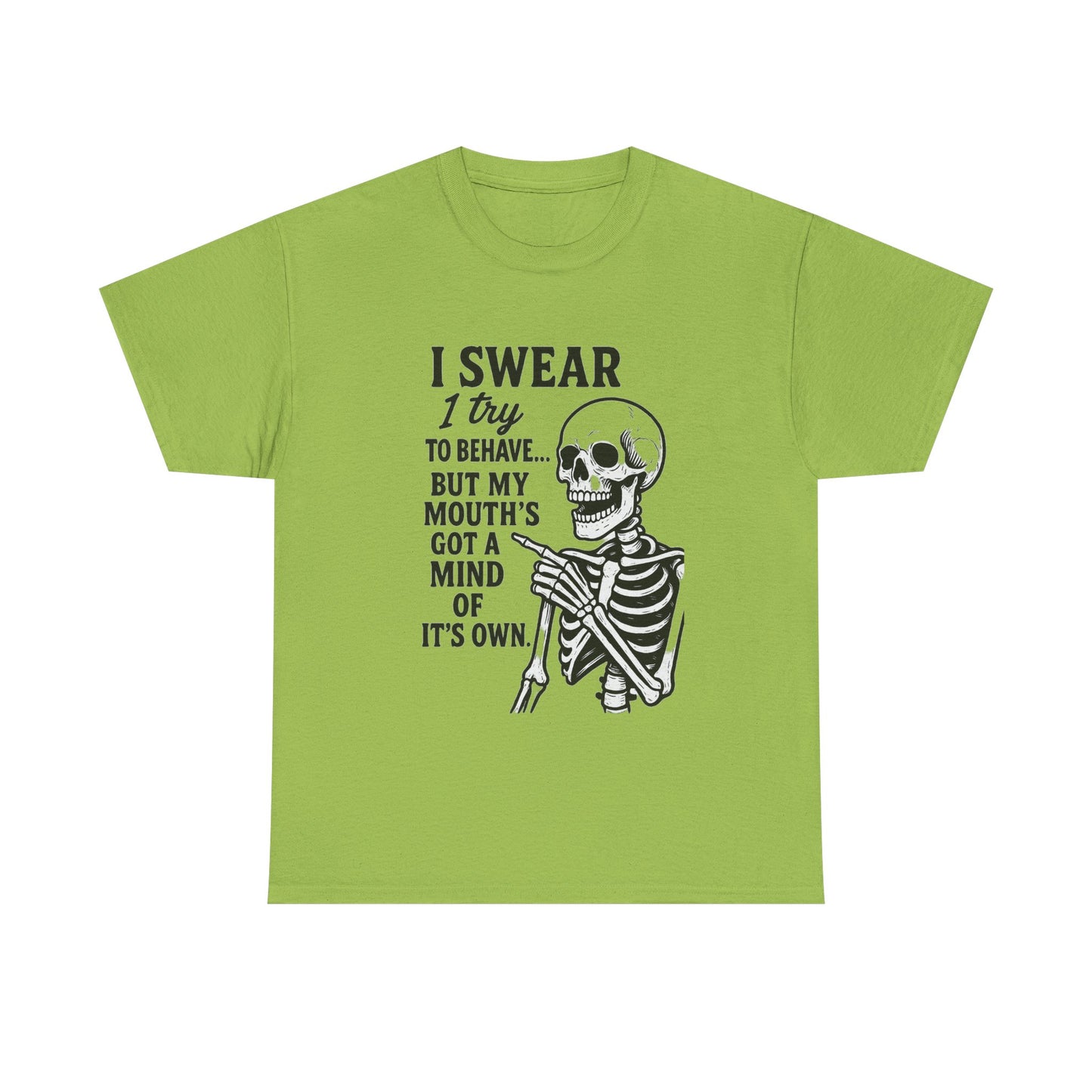 Funny Skeleton Tee, I Swear I Try to Behave T-Shirt, Halloween Shirt, Graphic Tee for Adults, Casual Wear, Gift Idea