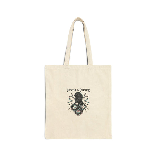 Breathe & Conquer Tote | metal font, gothic wellness canvas