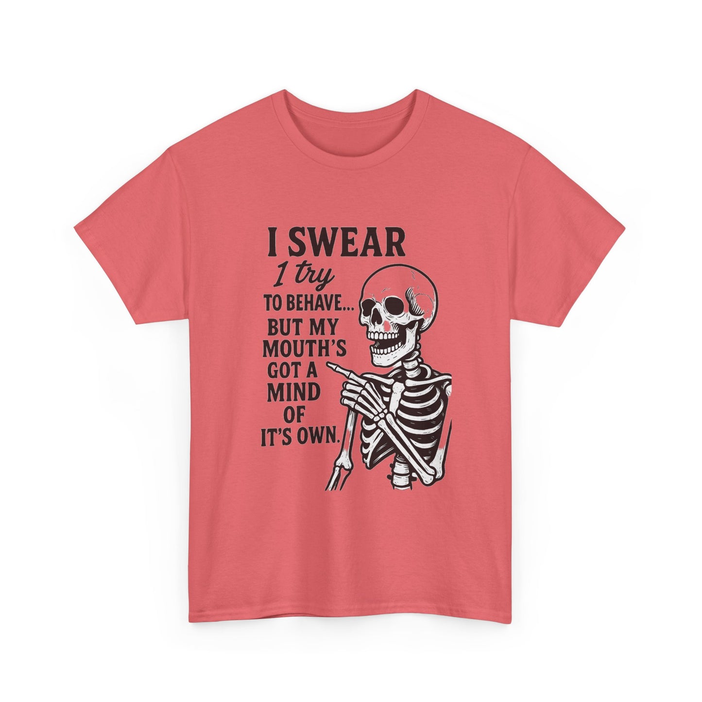 Funny Skeleton Tee, I Swear I Try to Behave T-Shirt, Halloween Shirt, Graphic Tee for Adults, Casual Wear, Gift Idea